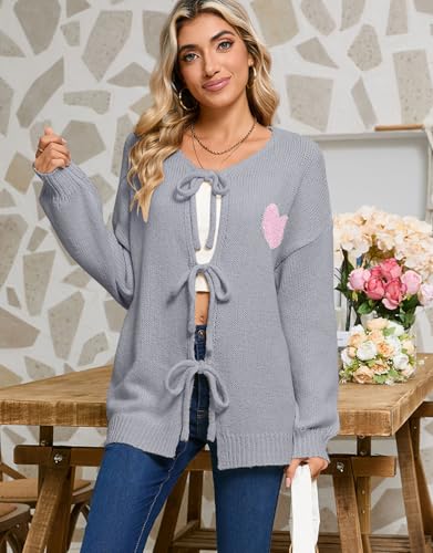Image of Women's Tie Cardigan Sweaters Long Sleeve Chunky Knit Big Cute Heart Sweater Coats Grey X-Large