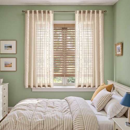 Image of jinchan Winslow Sheer Curtains 63 Inch Length for Dorm Bedroom Bordered Floral Pattern Decorations Short Curtains Light Filtering Window Treatments, 50W x 63L, Ivory on Beige, 2 Panels