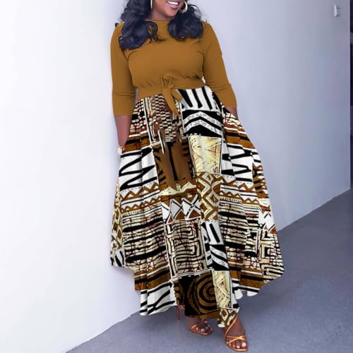 BFFBABY Women's Wrap V Neck Plus Size Maxi Dresses 3/4 Sleeves Chain Floral Printed Swing Dress with Belt3