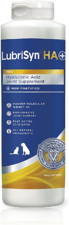 LubriSyn Hyaluronic Acid + MSM Joints Supplement, 16oz: Natural Pure HA Liquid Dog and Cat Joint & Cartilage Support, Relief, and Lubrication for Pets Including Dogs, Cats and Horses, Vegan Formula