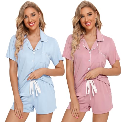 Leikar 2 Pack Button Up Pajama Set For Women Sleepwear Soft Pjs Bride Pajamas