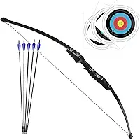 Kit Arco e Flecha Profissional Recurvo Empunhadura Destro de Madeira Preta Força de 40lbs + 5 Flechas com Ponta de Alumínio Para Tiro ao Alvo Treino Campeonato Treinamento Iniciante