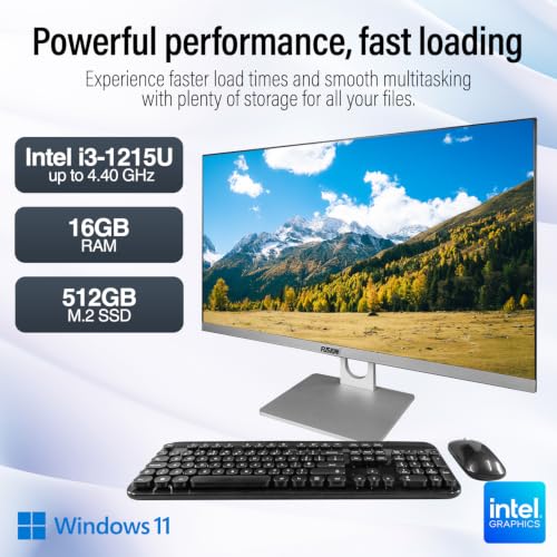 Image of Fusion5 23.8 inch Full HD All in One PC Desktop Computer - 16GB RAM, 512GB SSD, i3-1215U 6-Core Processor up to 4.40 GHz, Windows 11, HDMI, USB 3.0 - AIO PC with Wireless Keyboard, Mouse, 3MP Web Camera