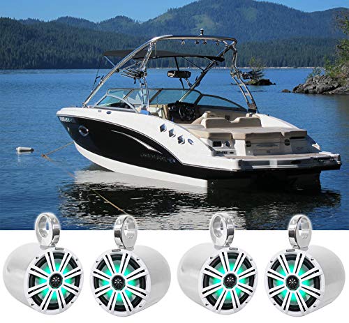 Image of KICKER Pair 45KM84L 8 inch 600 Watt Marine Boat Waterproof Speakers w /LED's KM8 Bundle with Pair Rockville 7.7 inch Polished Silver Aluminum Wakeboard Tower Speaker Enclosures