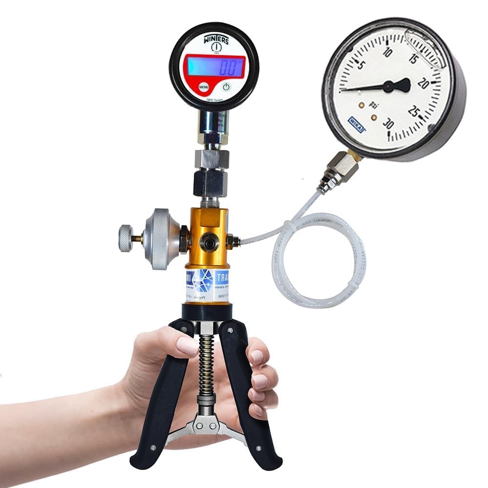 Pompa manuale/Calibratore di pressione/Pompa manuale per calibrazione della pressione (da -0,9 a 30 bar) per calibrazioni in laboratorio e sul campo Modello: AI-DP1-2200 con manometro (da -1 a 25 bar)