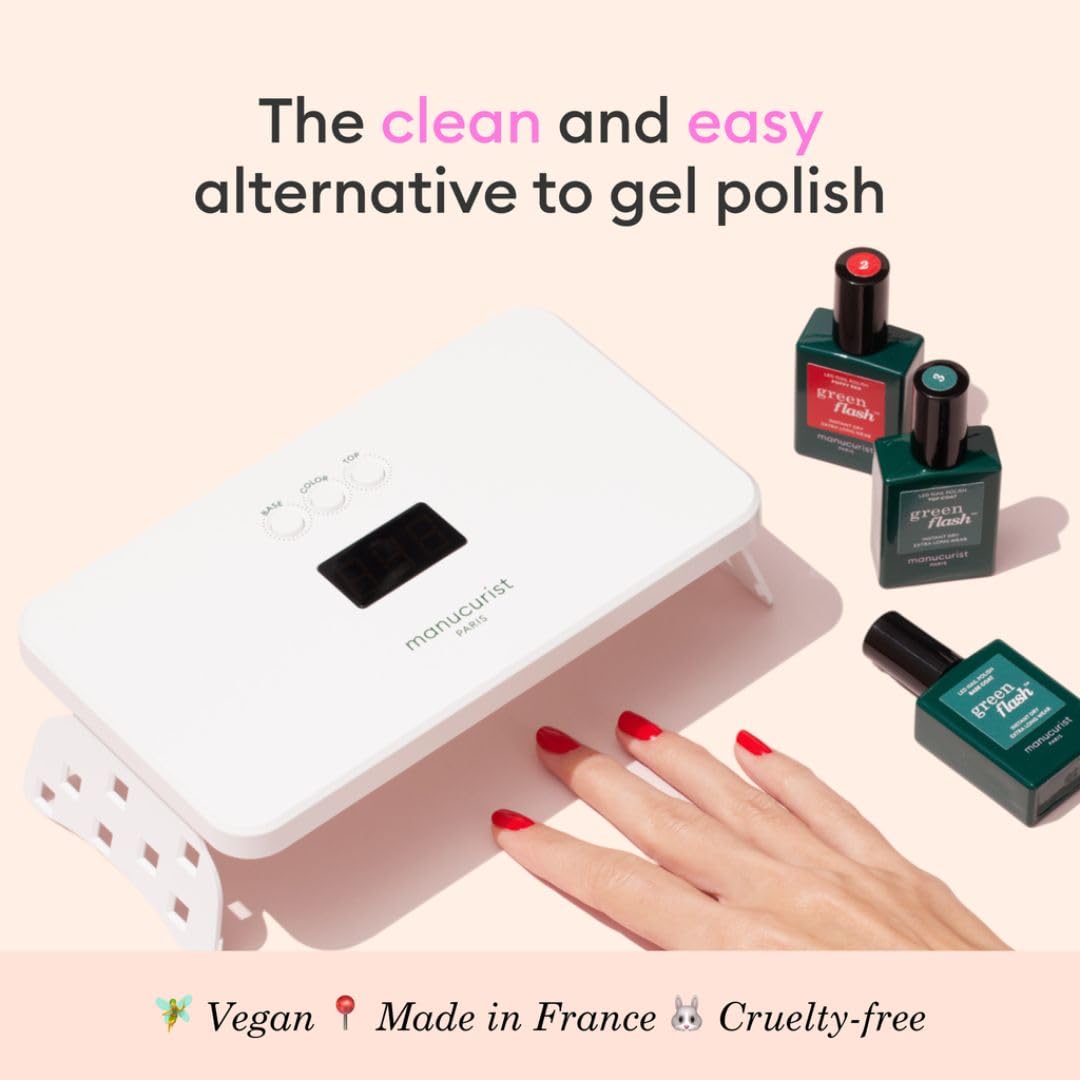 Manucurist - New Green Flash Slim Gel Nail Polish Set - 36W LED Lamp with Base Coat, Top Coat Nail Polish, 2 Colors: Poppy Red Polish & Pale Pink Hortencia, Remover, Nail Clips