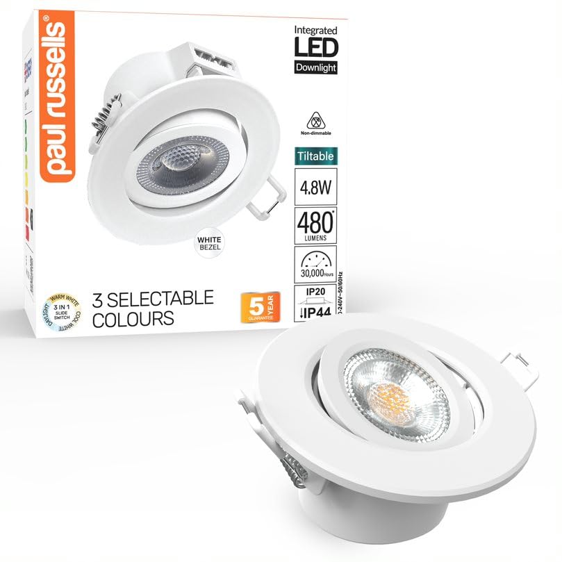 paul russells LED Recessed Tilt Downlights, 4.8W 480LM, Adjustable Warm/Cool/Day White CCT, IP44 Rated, Not Dimmable, Round Spotlights for Kitchen, Living & Bathroom, Hallways Ceilings 1-Pack (White)