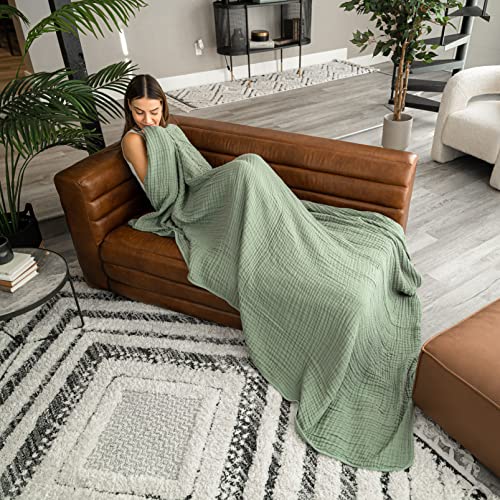 Image of Comfy Cubs Muslin Throw Blanket - 50 inch x 60 inch Quilted Design - Lightweight, Breathable 6-Layer Gauze Fabric - Soft Cotton Blanket for Home or Travel - Packaged in Elegant Gift Box - Sage