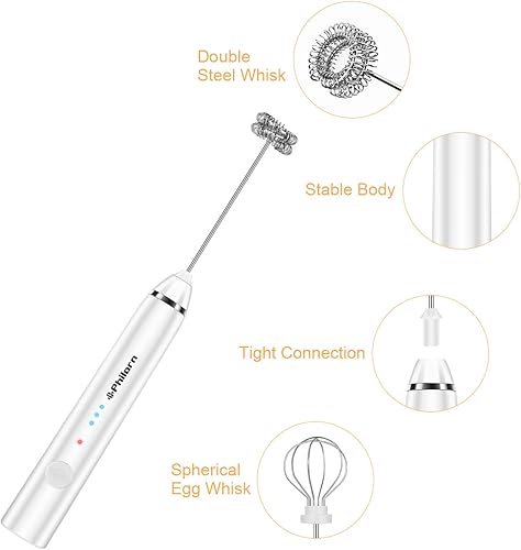 Miniatura 3 de Philorn Espumador de leche recargable de mano, varita espumadora con 2 cabezales, batidor eléctrico para café, mini espumador para lattes,