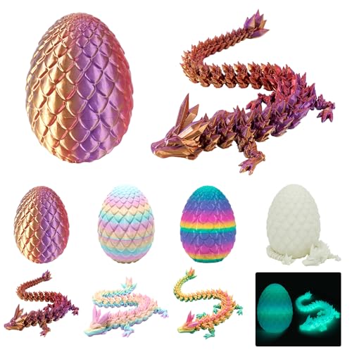 FENGQ Dragon Impreso en 3D, 4 piezas Dragón Articulado Impreso en 3D, Dragón Impreso 3D, Dragón de Cristal Articulado con Huevo de Dragón, Juguete de Dragón para Niños Adultos Juguete de Oficina