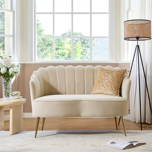 Image of HULALA HOME Modern Velvet Loveseat Sofa with Flower Shaped Back, Comfy Upholstered 2-Seater Sofa with Gold Metal Legs, Small Love Seat Accent Couch for Living Bedroom Leisure Areas, Tan