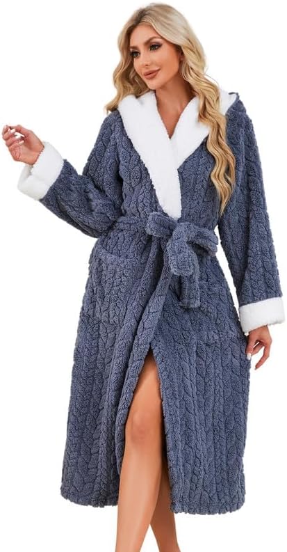 LYCY Womens Plush Hooded Robe, Soft Fluffy Womens Fleece Robe Long Warm Bathrobes for Women