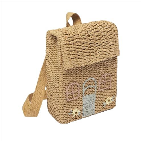 Mochila de paja trenzada hecha a mano pequeña caqui vertical 6