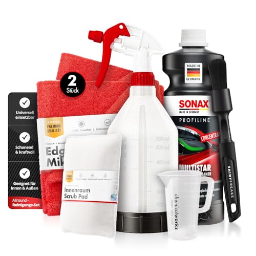 Universalreiniger Set: SONAX PROFILINE MultiStar 1L + Messbecher 100ml + Sprühflasche 500ml + 2 Poliertücher + Innenraum Scrub Pad + Detailing Brush Pinsel | 7-teilig