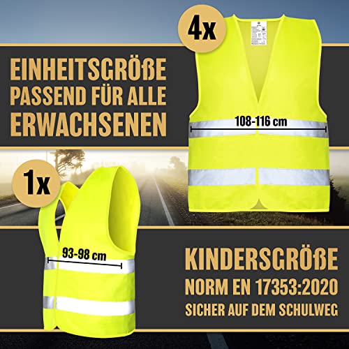HELDENWERK Auto Warnweste 2023/2024 4 Stück + 1 für Erwachsene europaweit einsetzbar - Reflektierende Warnwesten inkl. Kinderweste - Sicherheitsweste, Pannenweste – Bild 3