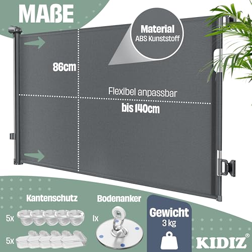 KIDIZ® Treppenschutzgitter Türschutzgitter ausziehbar 0-140CM | kindersicheres Treppengitter für Babys & Haustiere | Schutzgitter für Treppen & Türen Absperrgitter inkl. Bodenanker & Montagezubehör