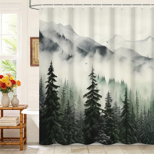Kzzfqxb 152x183cm Rideaux de Douche Brumeux avec Crochets, Montagnes de Brume Blanche pins forêt Paysage boisé imperméable pour Le Bain, Tissu Polyester...