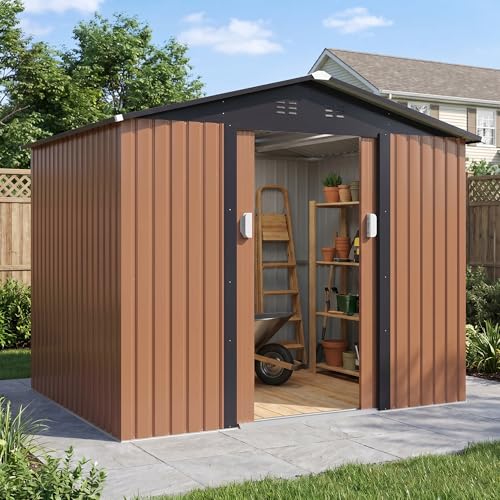 Image of DAUSOLA 8x6 FT Outdoor Storage Shed, Metal Garden Tool Shed with Updated Frame Structure and Lockable Doors, Ideal for Backyard Garden Patio Lawn, Brown