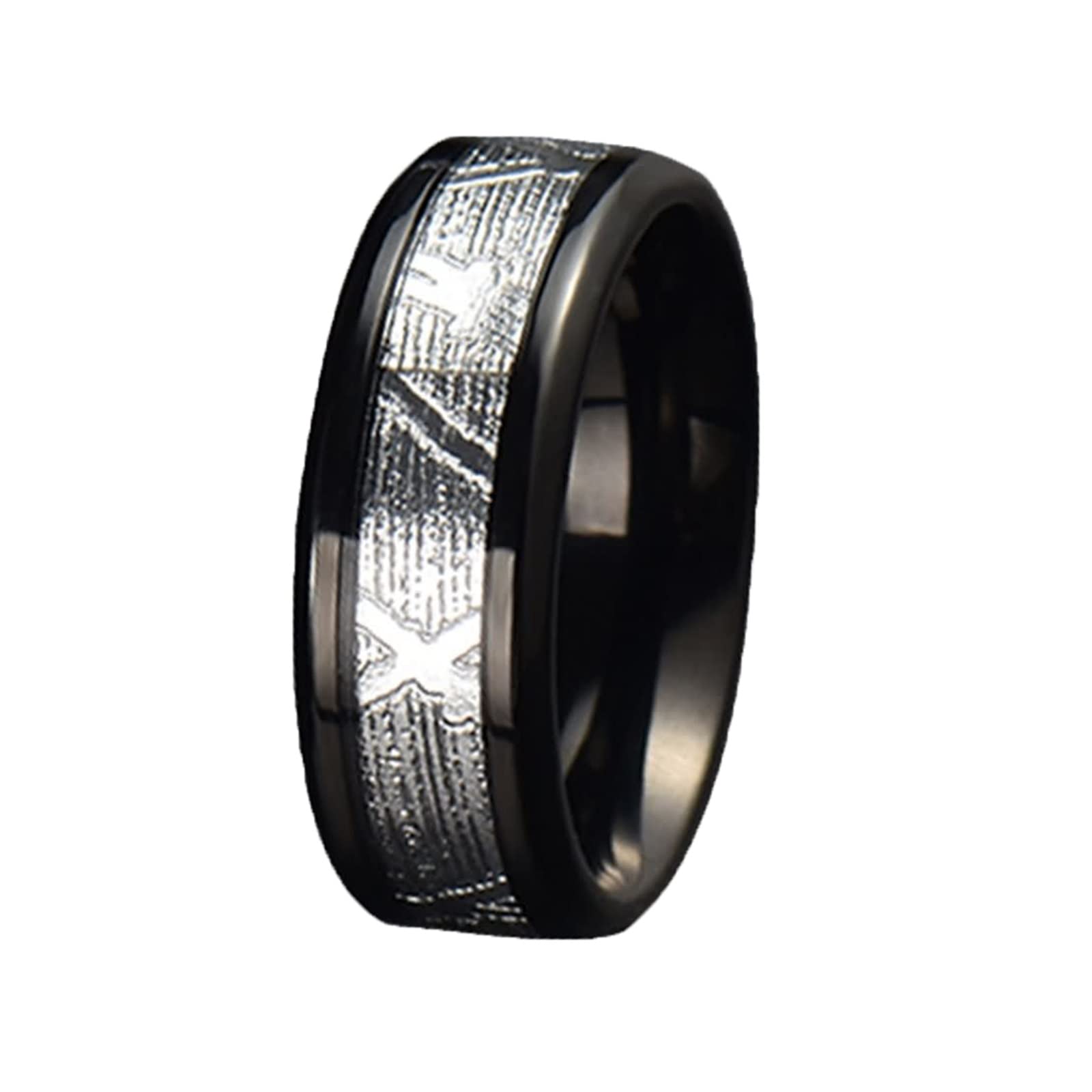 Anello Carburo di Tungsteno Anello con Meteorite Inserto Anello Uomo Fedina Incisione 8MM Anello Tungsteno Nero Argento Misura 12-31