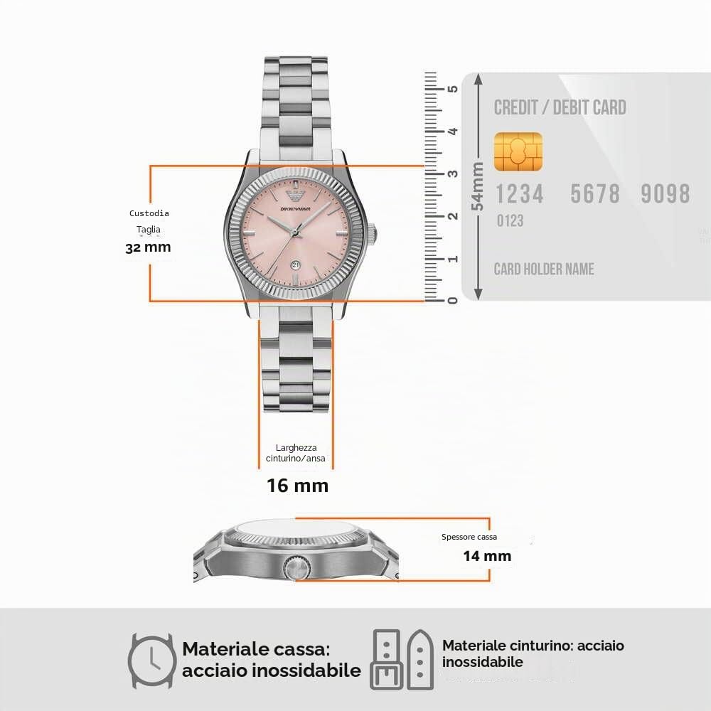 Emporio Armani Orologio da donna, movimento al quarzo 32mm con data a tre lancette e cinturino in acciaio