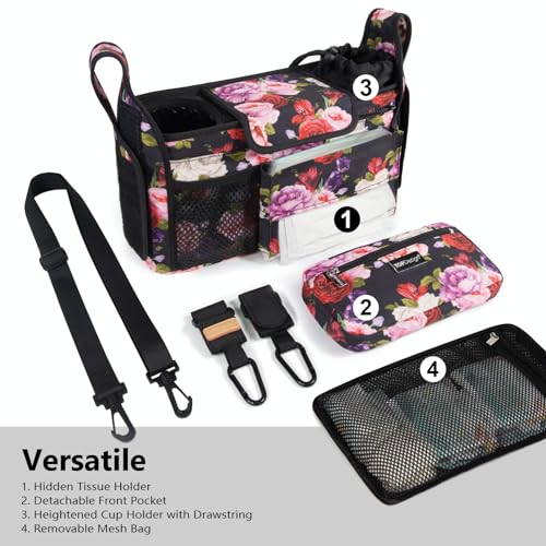 Image of TOPDesign Universal Baby Stroller Organizer, Stroller Caddy with Detachable Mesh Bag & Heightened Insulated Cup Holders & Non-Slip Secure Hooks Accessories, Fits Most Strollers (Ranunculus)