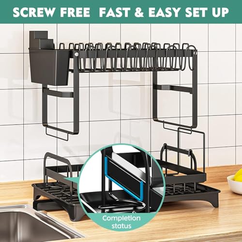 Image of Dish Drying Rack, 2 Tier Space-Saving Dish Rack, Multifunctional Dish Drainer for Kitchen Counter with Drainboard /Utensil /Cup Holder Rustproof Carbon Steel, Black