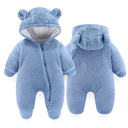 Image of UVIPC Newborn Baby Fleece Footie Snowsuit Winter Onesie Cartoon Bear Warm Hooded Outfits for Girls Boys