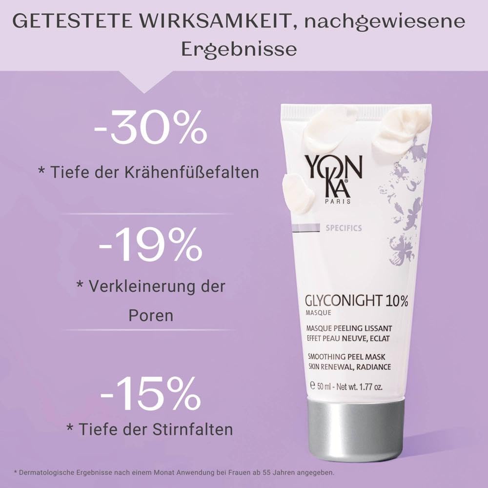 Glyconight 10% Night Mask Peel Yonka 50ml - Dreifach wirksam mit 10% reinem Glykol | Anti-Aging, Neue-Haut-Effekt, Ausstrahlung - Dermatologisch nachgewiesene Ergebnisse! 98% natürlichen Ursprungs