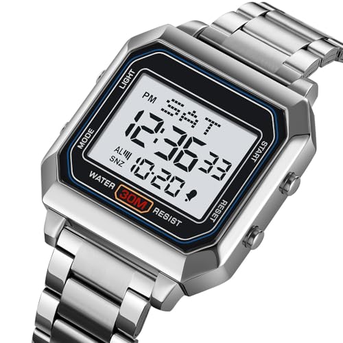 Mens Digital Watch for Men, Stainless Steel Square Watches, Digital Wrist Watches Waterproof Dual Time Date Watch2