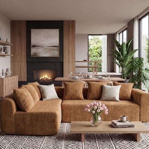 Image of Claiks 106 inch Cloud Boneless Couch, L-Shaped Sectional Sofa, Brown