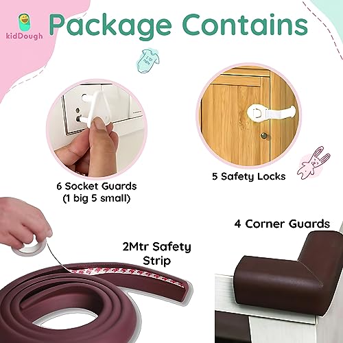 Image of KidDough Baby Safety Proofing Kit - Furniture Edge Protector, Safety Locks, Corner Guards for Sharp Edges, Socket Guards and More, All-in-One Baby Proofing Products (2 mtr Brown Edge Protector Kit)