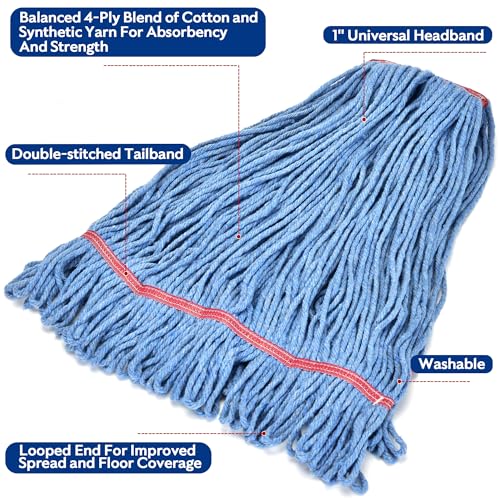 Image of Matthew Cleaning 20oz Heavy Duty Mop Head Commercial Replacement for General and Floor Cleaning , Wet Industrial Blue Cotton Looped End String Head Refill (Case of 12) Blue