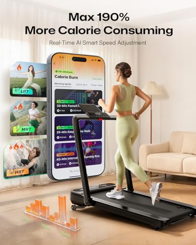 Image of UREVO Smart Treadmill with 9% Incline, 3-in-1 Foldable Treadmill with Handle for Home /Office Fitness, Runner-Focused Design, 6 HIIT Programs & Auto Incline Follow Mode, 2 Display Screens, Plug & Play