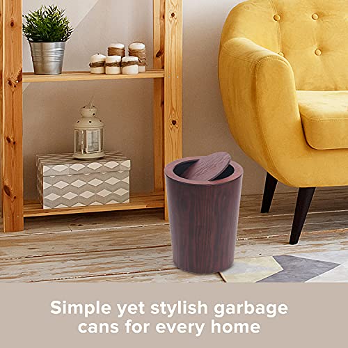 Modern Round Trash Can With Lid - Real Wood Waste Basket In Dark Brown - 9.25"X7.5"X11.8" Swing Top Small Trash Can - Decorative Small Garbage Can For Bedroom, Living Room, Office & Bathroom - 8L/2.1Gal #TOP2