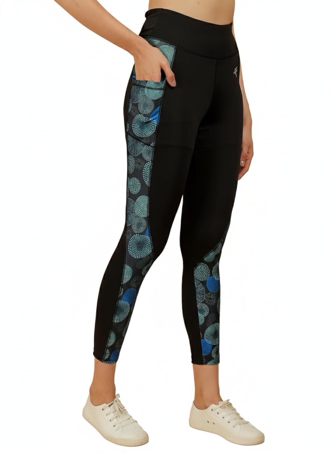 Women's Dry Fit Side Patch Print Leggings – Athletic Yoga Tights for Exercise, Workout & Sports, Black with Green Ring-image-7