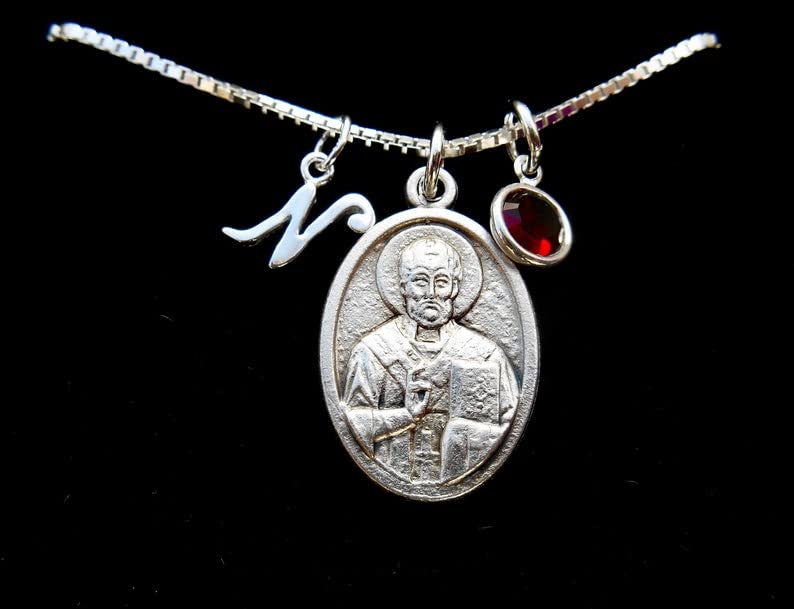 Miniatura 3 de Saint St Nicholas Icon Necklace - 18" Sterling Silver Box Chain- Crystal Birthstone - Patron Saint of Children and Sailors- Confirmation Gift-