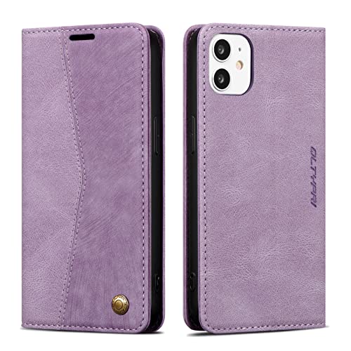 QLTYPRI Hülle für iPhone 12/iPhone 12 Pro, Vintage Dünne Handyhülle mit Kartenfach Slot Ständer PU Ledertasche Klapphülle TPU Bumper Flip Schutzhülle Kompatibel mit iPhone 12/12 Pro - Lila