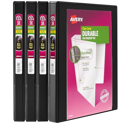 Image of Avery Durable View 3 Ring Binders, 0.5 inch Slant Rings, 135-Sheet Capacity, 0.7 Inch Wide Spine, Great for Home, School Supplies, Office, or Organization Needs, Black Binders (4-Pack of 05736)