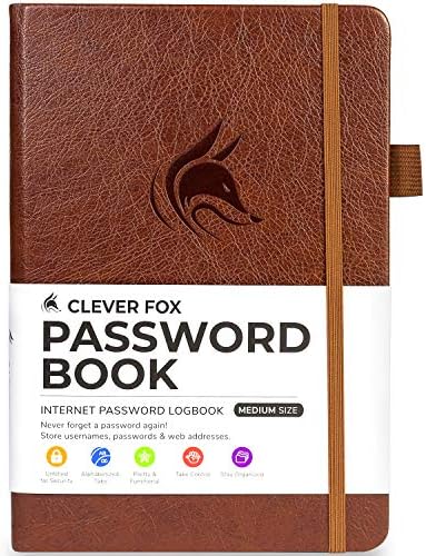Clever Fox Password Book with tabs. Internet Address and Password Organizer Logbook with Alphabetical tabs. Medium Size Password Keeper Journal Notebook for Computer & Website Logins (Brown)