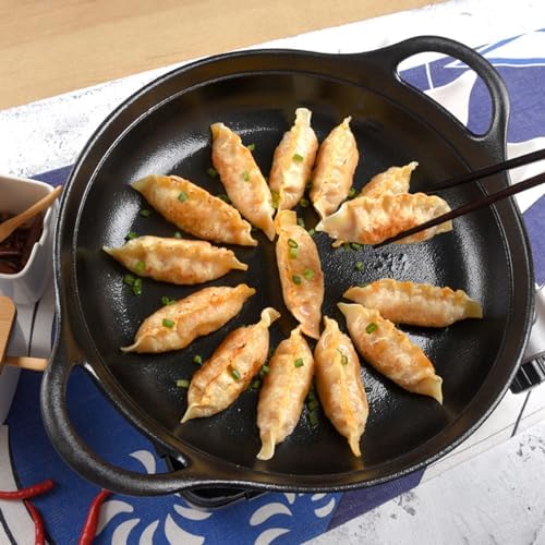 Uncoated Cast Iron Wok Pan Double Ear Non Stick Woks and Stir Fry Pans Chinese Wok with Wooden Lid - Flat Bottom (32cm)