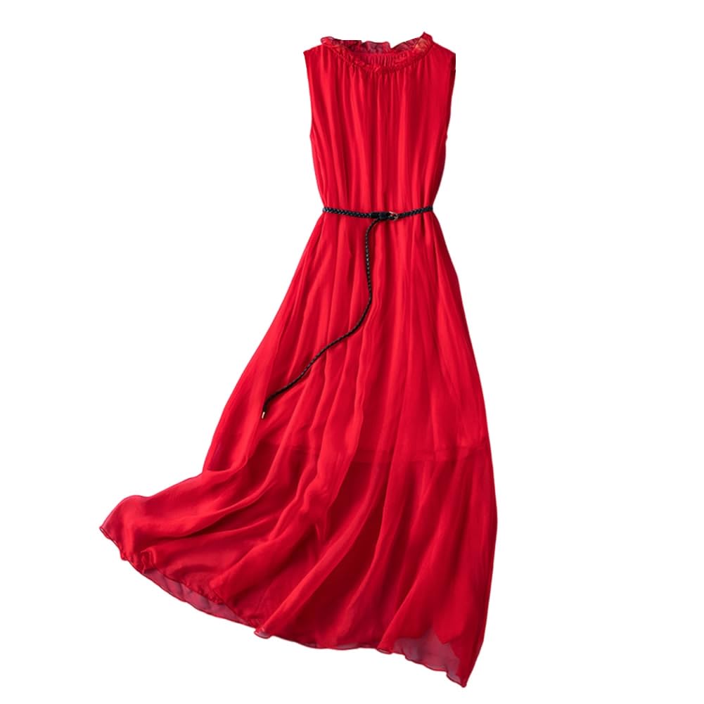 DISSA Damen Seidenkleid Einfarbiges Rundhals Ohne Arm 100% Seide Kleid Luftiges Hoch Taillierte Rüschen Knielanges Mulberry Seidenkleid,D98003