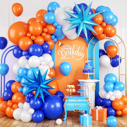 Image of Blue and Orange Balloon Arch Kit 120Pcs Light Blue White Orange Garland | Blue and Orange Balloon Arch Kit 120Pcs Light Blue White Orange Garland