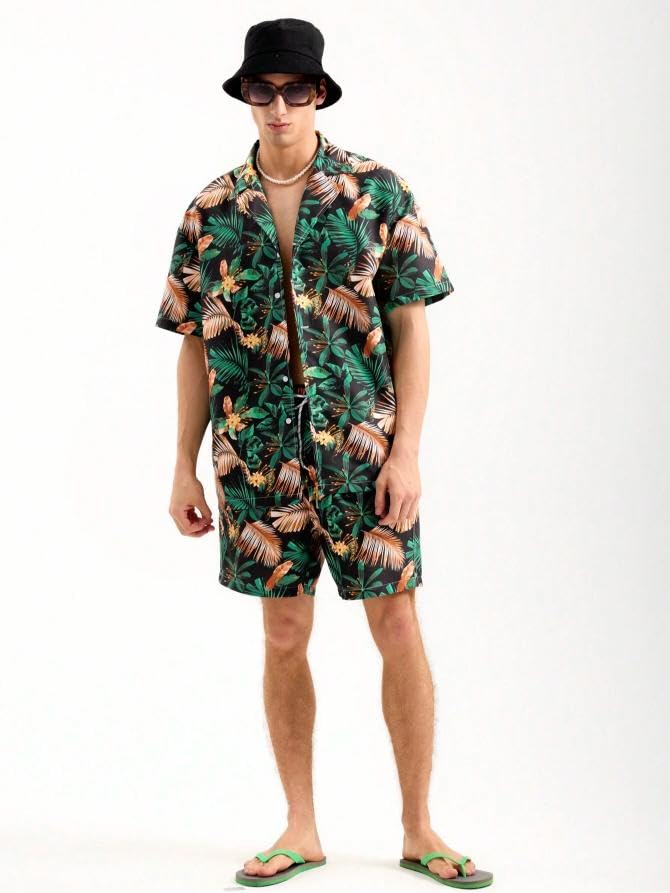 Image of GRECIILOOKS Men's Co Ord Set |Printed Shirt and Shorts Set for Men |Summer Loungewear, Beachwear & Night Suit for Daily Comfort | Nightwear Set for Mens