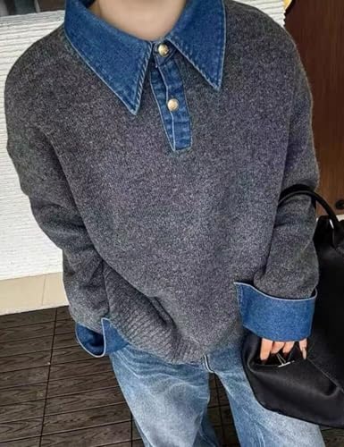 Image of Womens Denim Lapel Sweater Oversized Long Sleeve Button Down Polo Knit Pullover Sweaters 2025 Fall Outfits