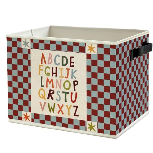 Image of Alphabet Classroom Storage Bins Box with Handles, Red Blue Checkered Alphabet Educational Collapsible Basket Organizer for Classroom Toddler Kids Room Bedroom Bathroom Books Clothes