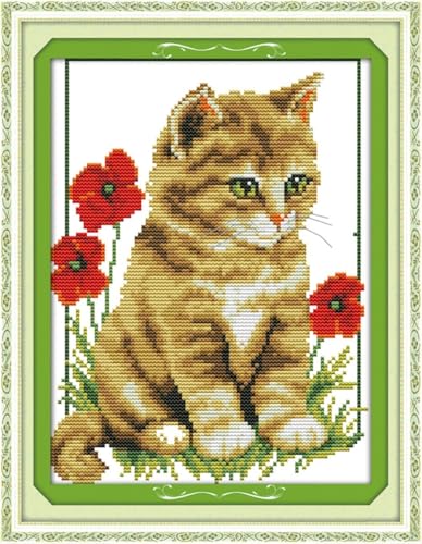 Image of CaptainCrafts Cross Stitch Kits for Adults Stamped Cross Stitch Printed 14CT Fabric Cross Stitching DIY Art DMC Needlecrafts Embroidery Kit for Adults (Stamped 14CT, Cat and Poppy) | Printed Fabric, Cat and Poppy Cross Stitching, DIY Hand Embroidery, Relaxing Crafts, Home Decor