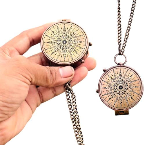 Brújula de bolsillo vintage de latón con grabado de rosa náutica, brújula funcional hecha a mano con estuche de cuero y cadena, regalo náutico antiguo para hombres, mujeres, excursionistas y viajeros miniatura 1