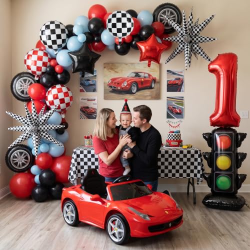 Image of TONIFUL Race Car Party Balloons Set - 40 Inch Red Number 1 Foil Balloon with Checkered Round, Explosion Star & Star Balloons for Boys 1st Birthday Car Themed Decorations, Photo Backdrop Supplies