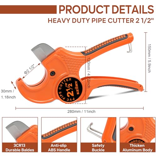 Kerry PVC Pipe Cutter, Up to 2-1/2" Ratcheting Heavy-Duty PEX POLY PE Plastic Hoses and Plumbing Tube Cutting Tool, Stainless Steel Blades, Thicken Aluminum Body Efficient Extended Handle - Image 4
