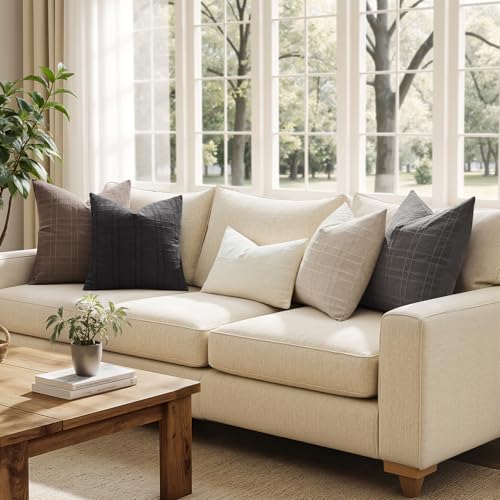 Image of MIULEE Decorative Linen Check Lumar Throw Pillow Covers Neutral Farmhouse Vintage Pillow Covers 24x24 Inch Set of 2 Boho Modern Home Decor for Sofa Couch Bedroom Cushion Chair Charcoal Gray